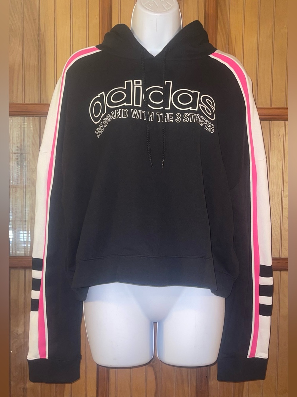 adidas Black Hoodie with Pink & White Sleeve Stripes